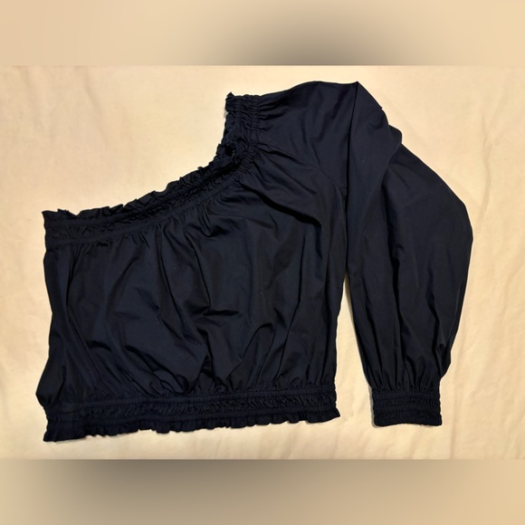 Free People Navy Blue, one arm rusheted top, slight crop or at the waist, M - Picture 3 of 8